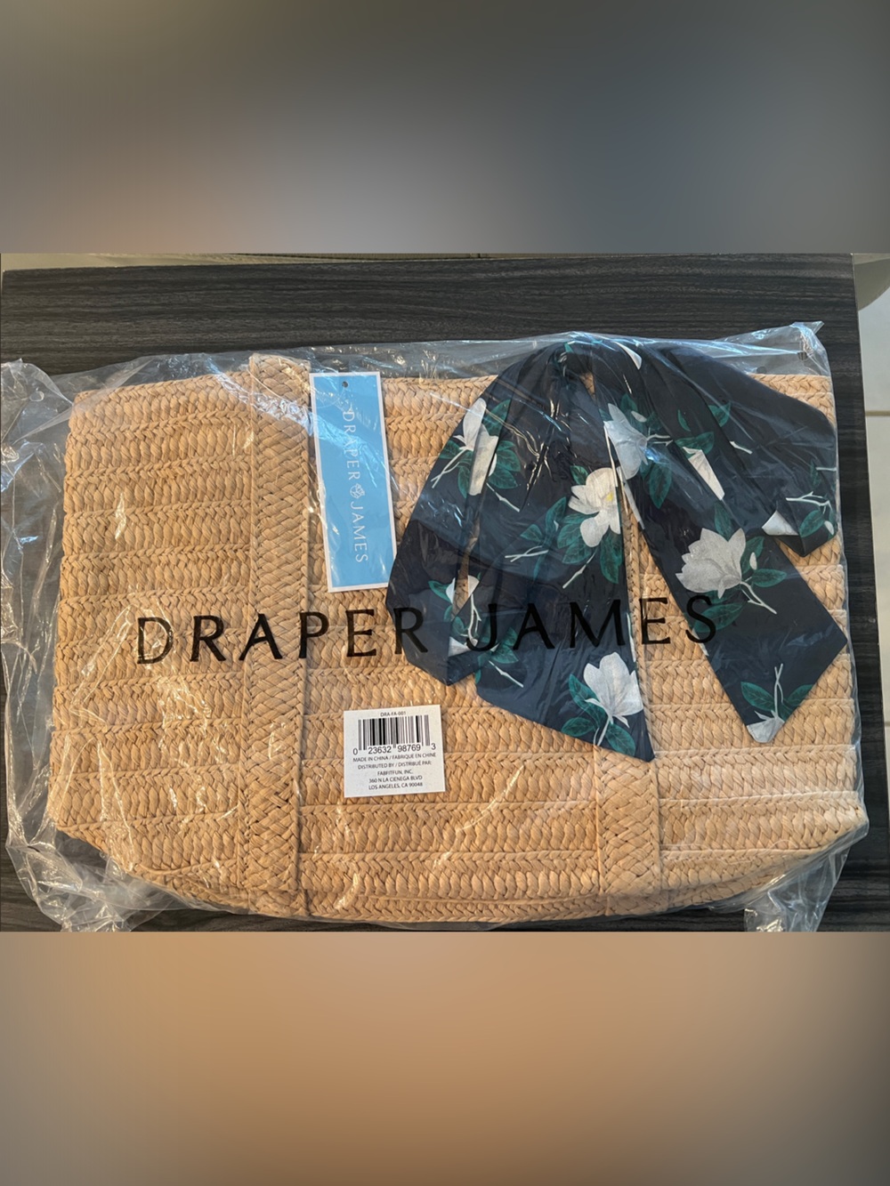 Draper James Natural Straw Tote with Navy Floral Scarf Accent Sealed